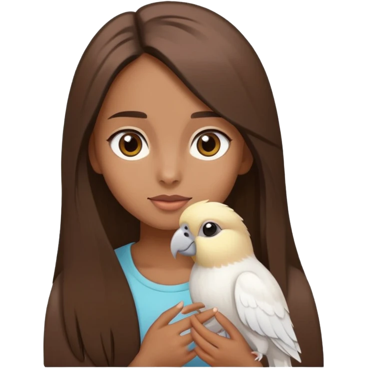 Girl with brown long straight hair and brown eyes, holding 2 white cockatiels emoji