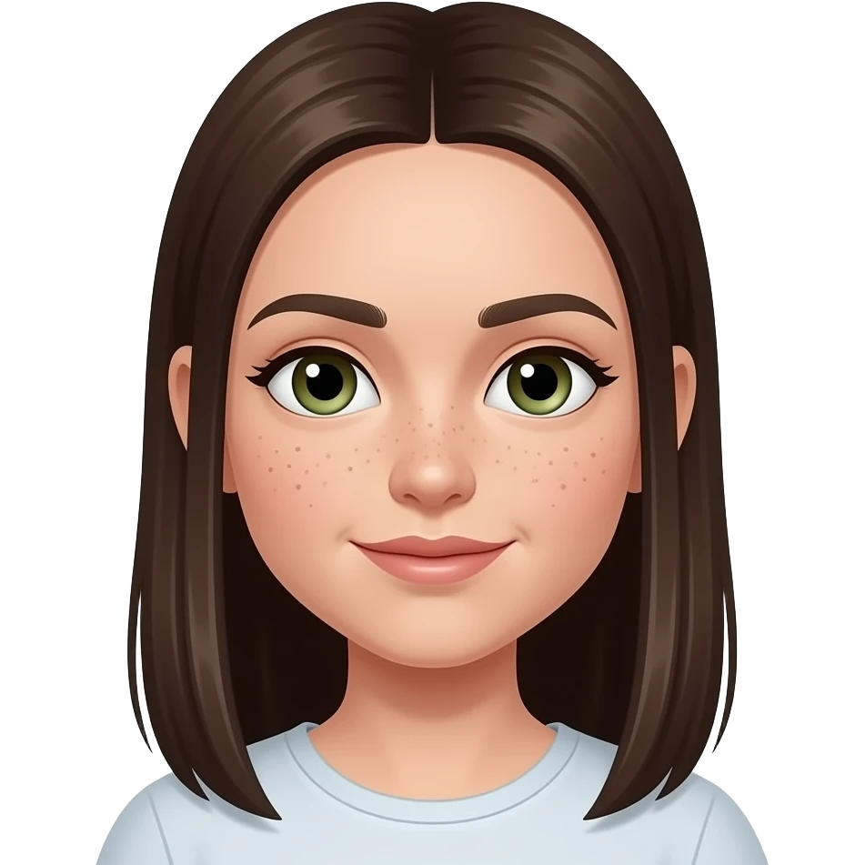 haz una chica con ojos verdes y marrones con pelo liso i castaño muy oscuro, con pecas y pelo largo emoji