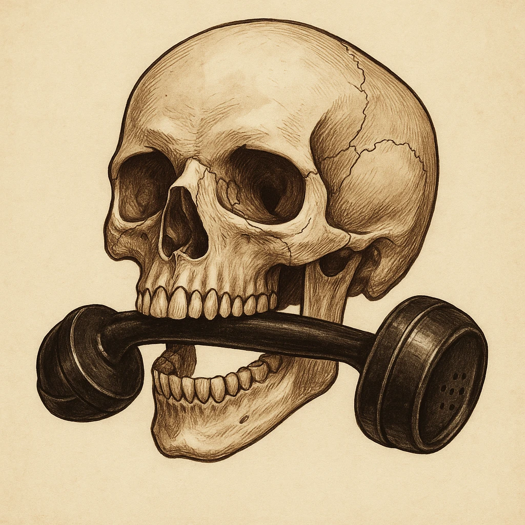 a skull holding a telephone receiver in its mouth emoji