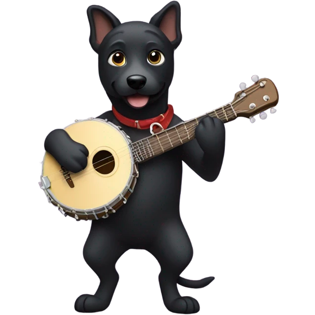 Black dog playing banjo emoji