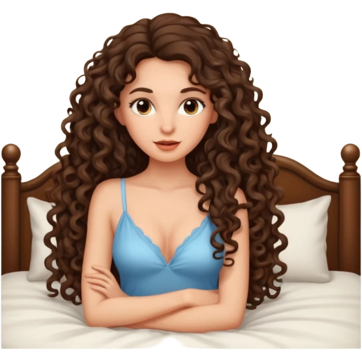 Brunette woman long curly hair on bed seductive emoji