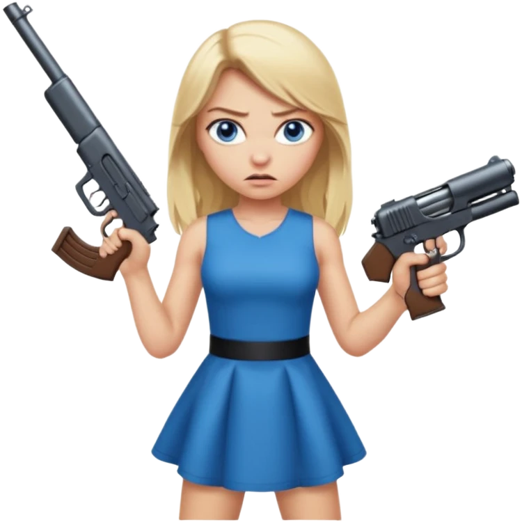 Beautiful  blue eye blonde Long Hair Gangsta girl in a short sexy  Dress Looks angry  with a big gun emoji