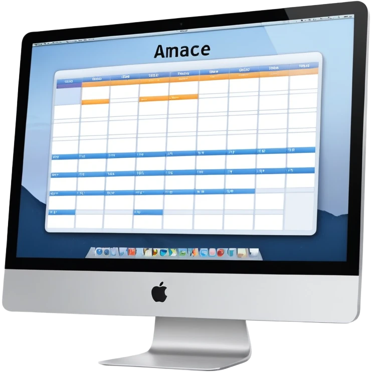 front-facing iMac showing a day schedule with vertical hours (9am, 10am, 11am) and horizontal client slots, some slots clearly booked emoji