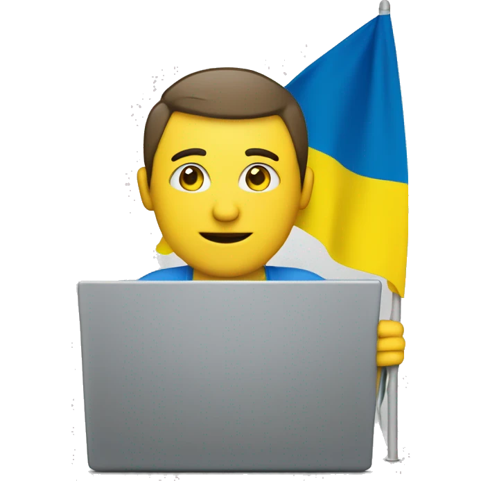 man with the flag of Ukraine and behind a laptop emoji