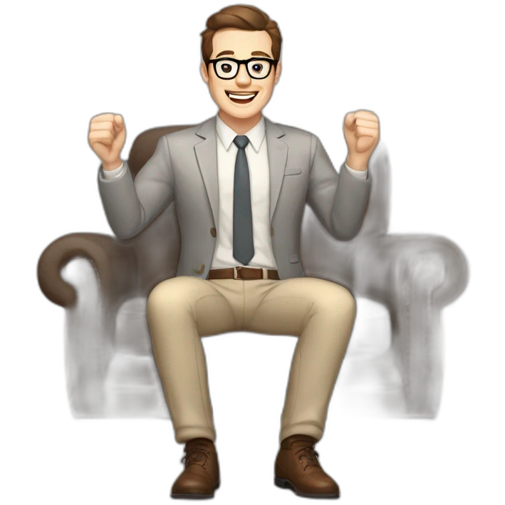 Joyful Celebrating victory Hands up Pale skinned Fit Man With dark brown hair in gray jacket, beige office shirt, Brown pants and vintage glasses sitting In a soft chair emoji