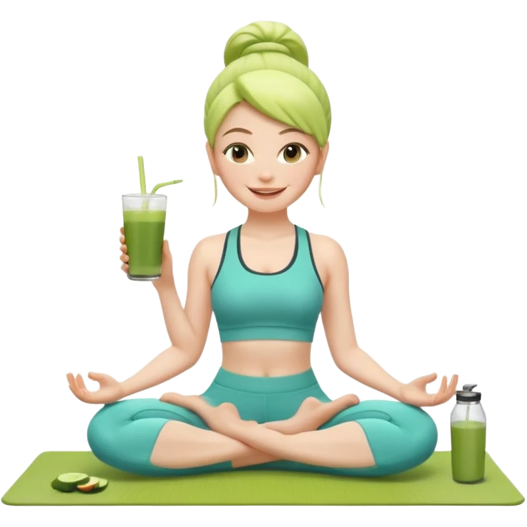 Девушка-мемоджи радостно сидит на коврике для йоги, в спортивной позе, в ярком стильном спортивном комплекте. Лицо сияющее, улыбка очень довольная и счастливая, в руках яркий стакан освежающего матча-лимонада, вокруг атмосфера свежести, отдыха и комфорта. Белый фон. 2 руки и 2 ноги emoji