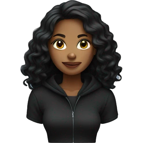 Woman with tall black wavy hair wearing black hoodie  emoji