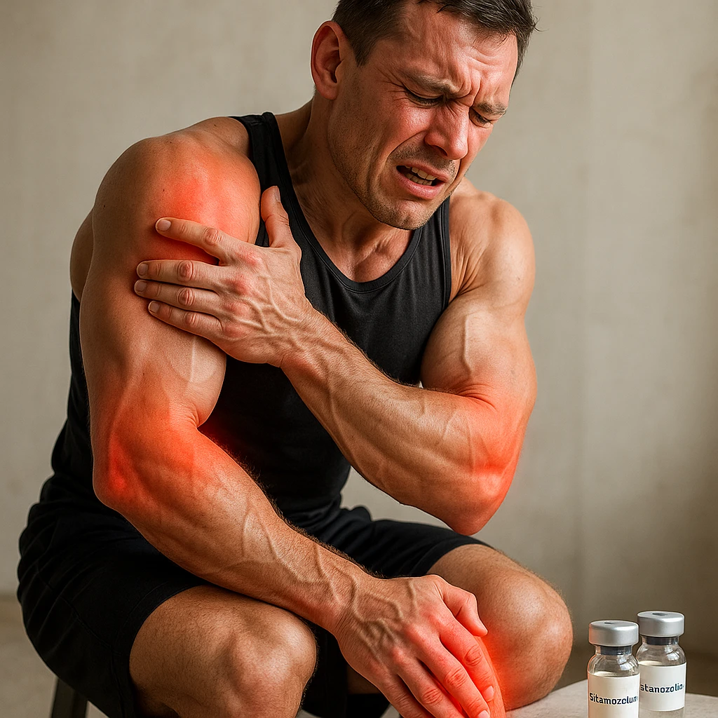 realistic and anatomical crossfit athlete showing multiple joint pain, prominent muscles, expression of discomfort, vials labeled 'Stanozololo' nearby, natural light, neutral background emoji