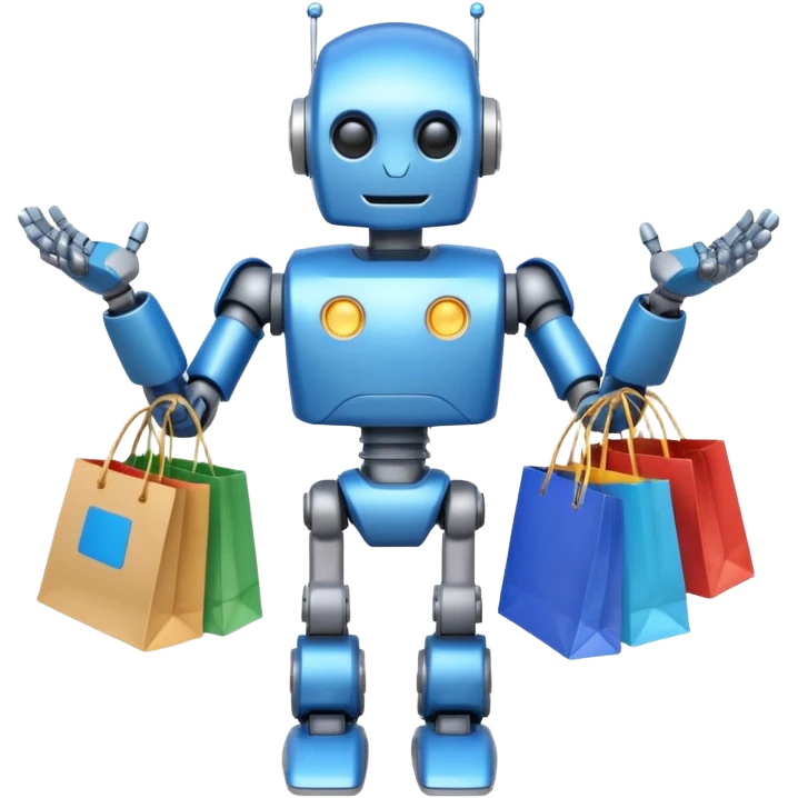 black friday robot with blue and metalic colours with bags in his hands  emoji