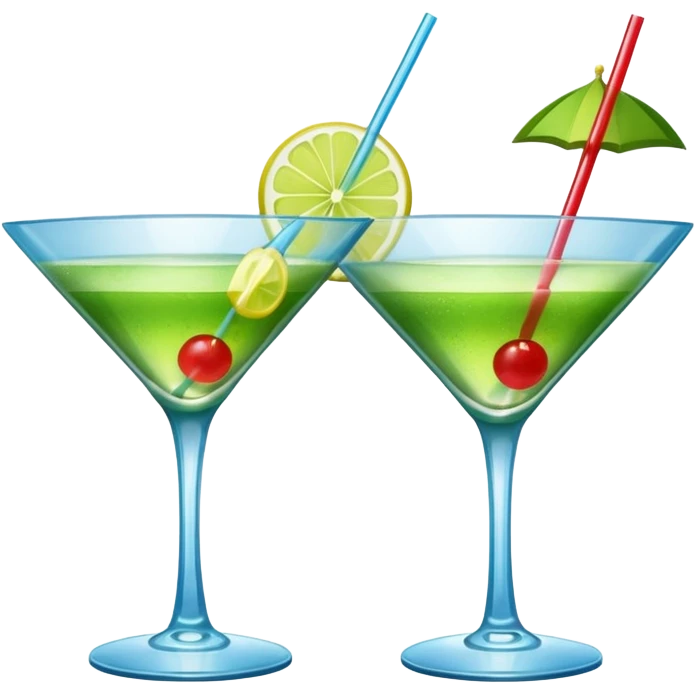 Create an emoji of two cocktails cheers action, one glass of green and yellow color and one glass of blue and red, without any fruit emoji