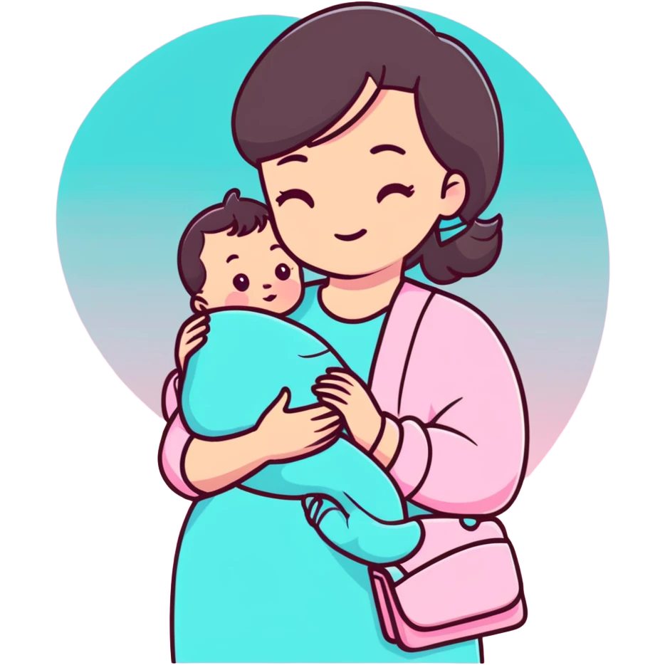 brunette mom cuddling baby with pastel pink clothing and accessories emoji