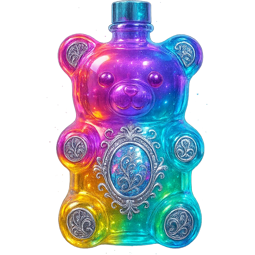 modernus prabangus eliksyro buteliukas, guminuko meškiuko forma, ryški permatoma spalva, holografiniai ir sidabriniai ornamentai, stiprūs magiški švytėjimai ir efektai, labai mažas kaklelis, skaidrus fonas, vientisas dugnas, be šešėlio, plūduriuoja ore, kolekcijos stilius emoji