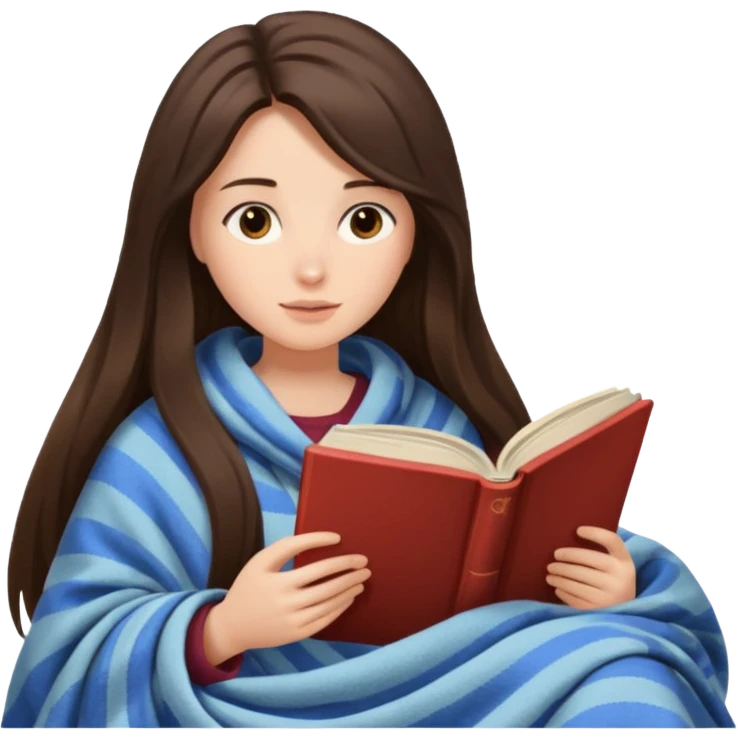 Brunette long hair girl cozy reading under blanket emoji