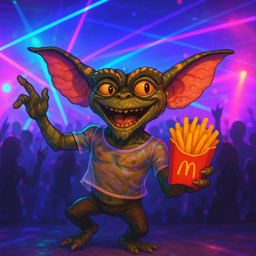 A playful gremlin dancing at a techno party, see-through shirt, holding McDonald's fries, neon lights, party crowd emoji