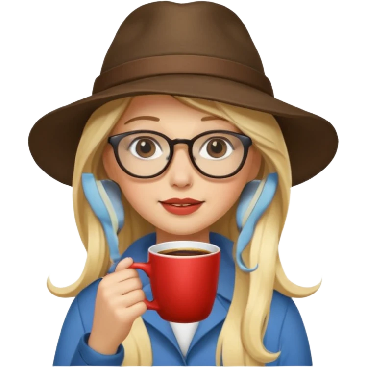 long hair blonde woman drink coffe with hat and glasses emoji