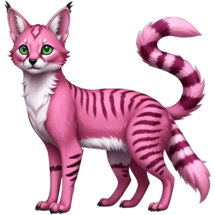 Colorful dark pink tropical exotic cute cool beautiful shiny beautiful fantasy-caracal-civet-genet-sergal-vernid-serval-Gryphon-Cacomistle-Trico-oncilla-animal-Fakémon-hybrid-fursona (full body) emoji