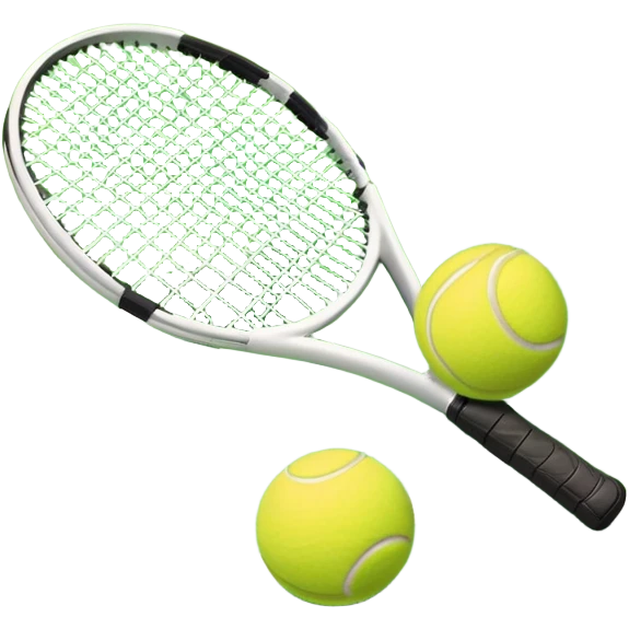 A tennis racket and a ball placed on the ground, with a tennis court in the background. The court lines and net are visible, emphasizing the structure and focus of the sport, creating a dynamic and energetic vibe. emoji