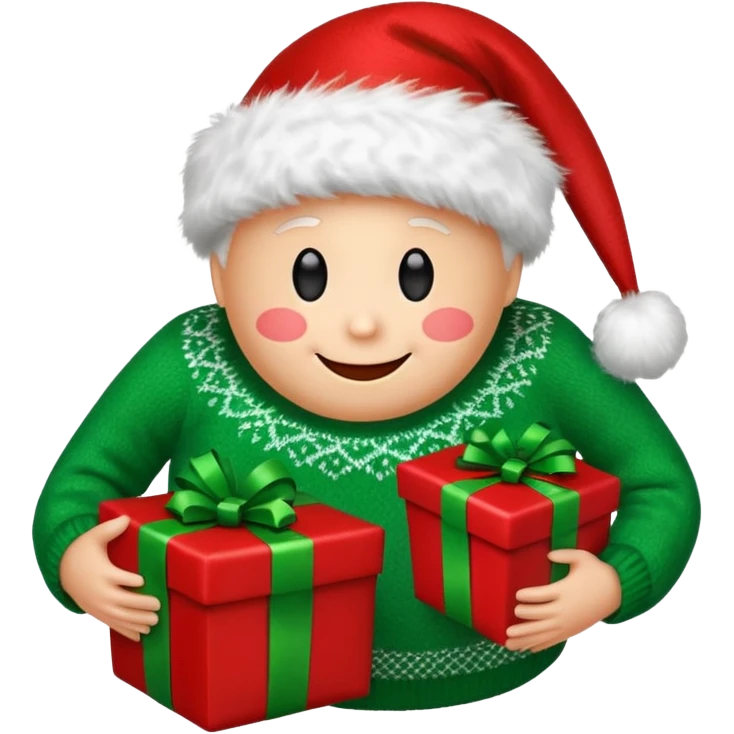 A red ornament with a happy face with a green Christmas sweater with fluff at the top and bottom holding a red and green present emoji