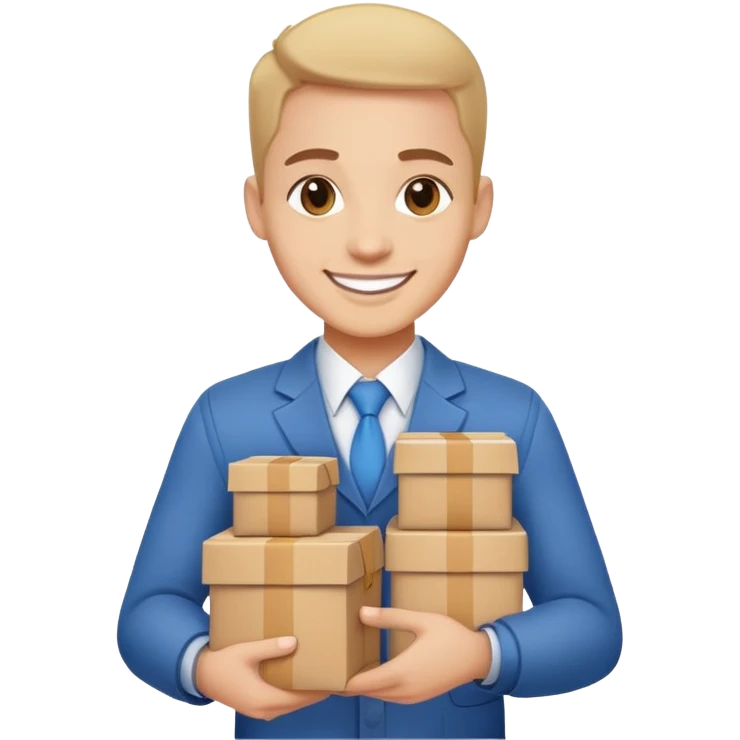 A friendly business person with packages and supplies, smiling and ready to deliver goods emoji