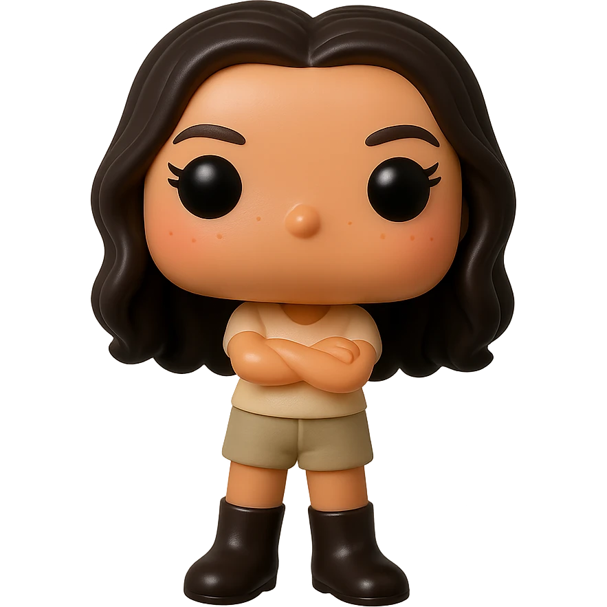 Edit the image into a Funko Pop style vinyl figure with superior quality: smooth tanned skin, detailed dark hair with subtle auburn highlights, textured clothing consisting of a cream top and greige bottoms, very dark leather boots, arms crossed, rosy cheeks, very discreet freckles, mischievous and cheerful expression, no mouth, transparent background. emoji