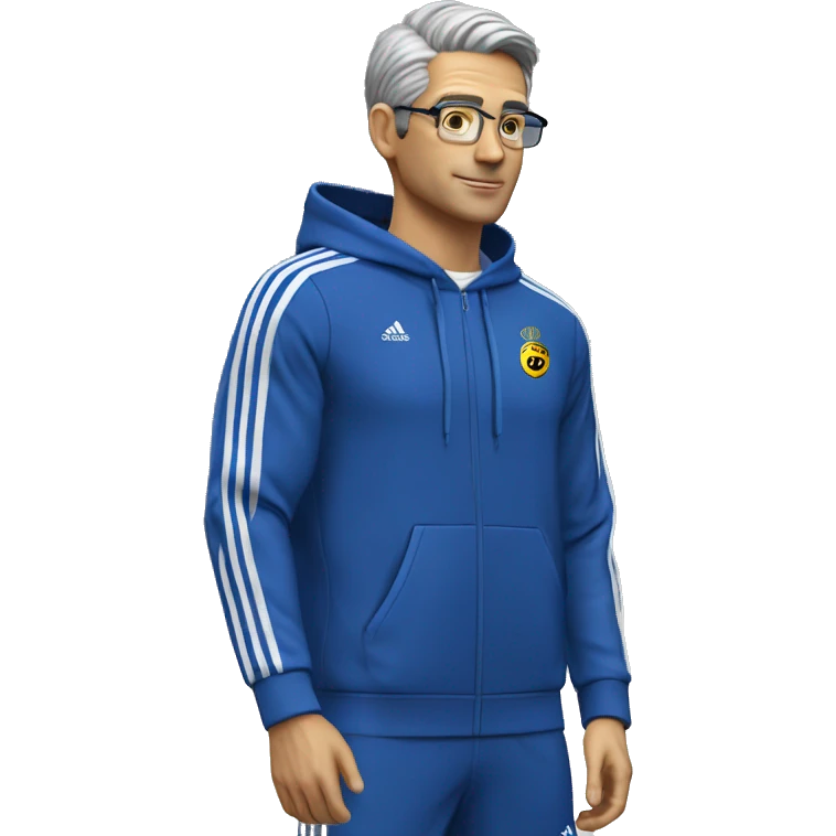 Profesor Educación Física sudadera azul adidas cronometro cabello corto moreno sin gafas emoji