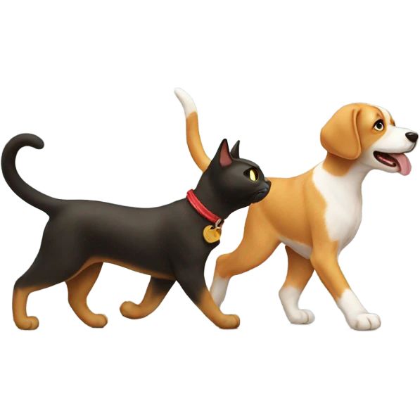 A cat walking a dog emoji