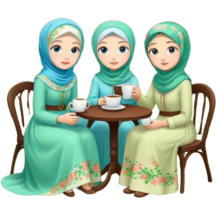 Turkish beautiful finish Konya girls blue eyes with Beautiful light green floral hijab long tail dress and the two friends in a lovely garden sits on the chair on the ground and holds cup coffe with her hand  emoji