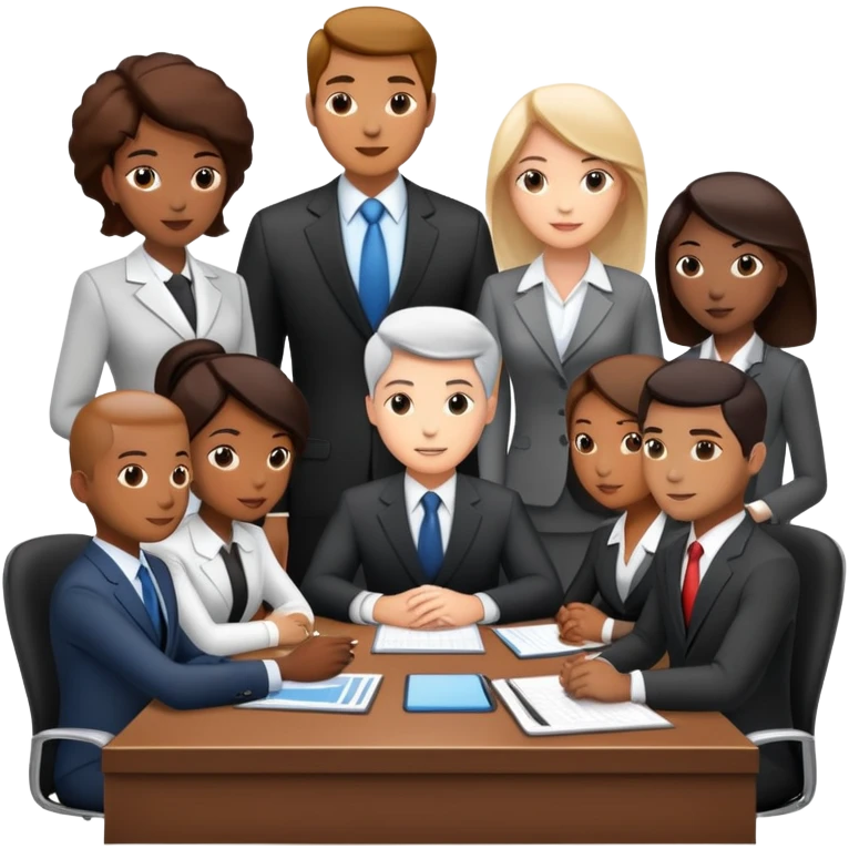 diverse team in business attire discussing at a meeting table emoji