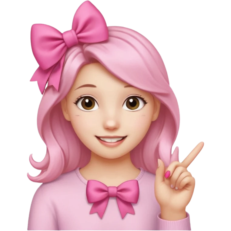 Chica sonriendo con un lazo rosa en la cabeza y mordiendose la punta del dedo indice con delicadeza y la otra mano que no salga emoji