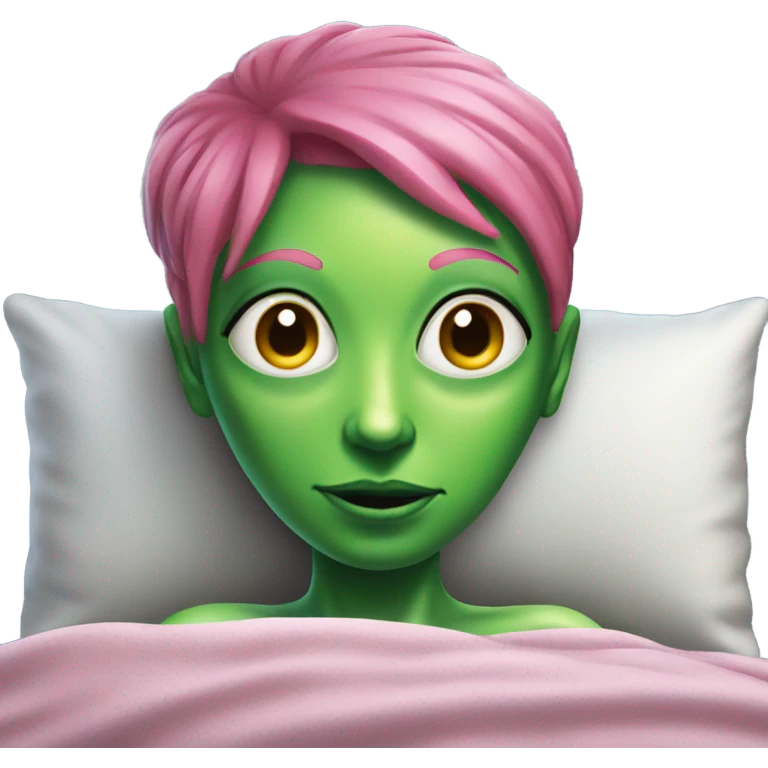 a green alien woman pink air, laying on the bed emoji