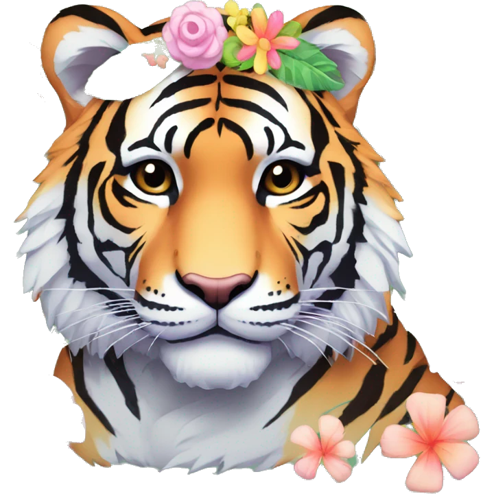 Pixel art of a pastel tiger wearing tropical flowers and leaves, flower crown, floral  emoji
