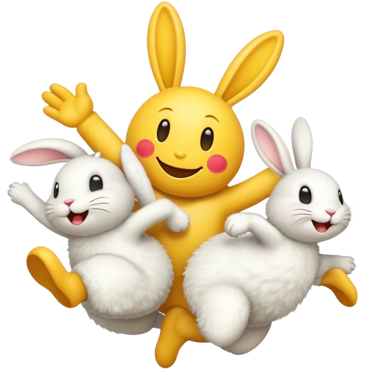 A smiley emoji with arms and legs being chased by 2 rabbits emoji