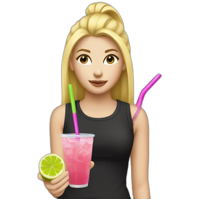 crazy blonde girl straw drinking pink lemonade with one green lemon in the cup, with black watch black tshirt emoji