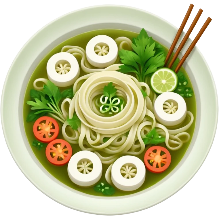 create khmer noodle emoji with green broth and white noodle with vegetable emoji