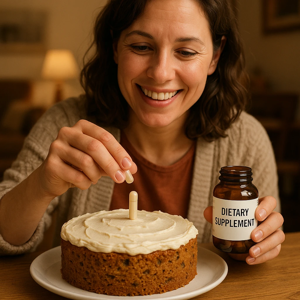 realistic style, smiling person placing a dietary supplement capsule on a homemade cake, creative details, cozy family environment emoji