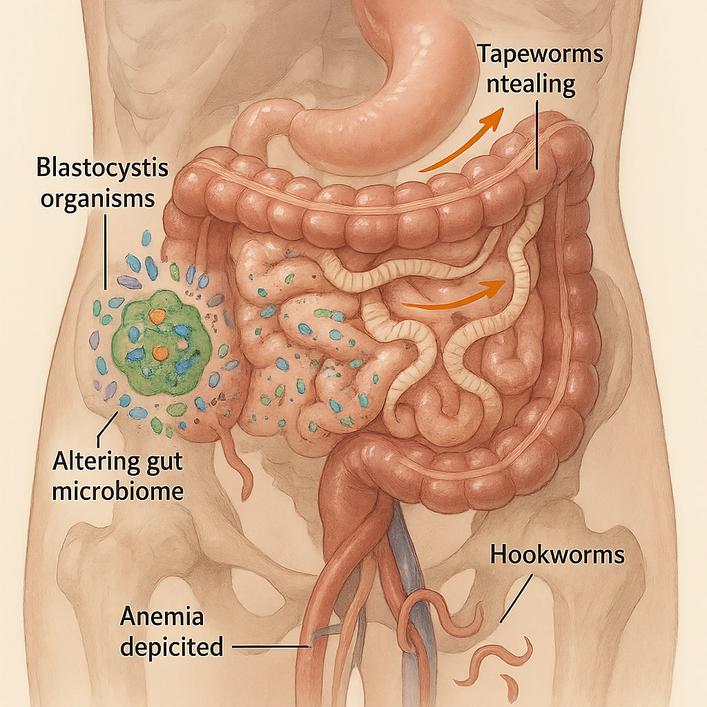 realistic or semi-realistic transparent human abdomen showing tapeworms stealing nutrients with nutrient flow toward worms, blastocystis altering the microbiome with disrupted bacteria, and hookworms near blood vessels causing anemia with fewer red blood cells, medical illustration, neutral background emoji