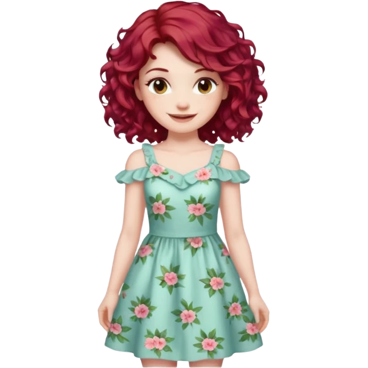 woman with shoulder length curly cherry red hair with brown eyes and pale skin smiling. pastel dress emoji