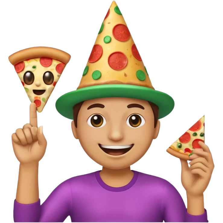 funny emoji called 'party Overload': laughing face with disco ball eyes, tilted party hat, making a finger gun with one hand, holding pizza in the other emoji