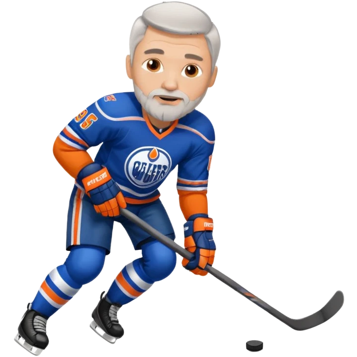 Handsome, muscular white man with gray hair and goatee, playing hockey and wearing an Oilers jersey emoji