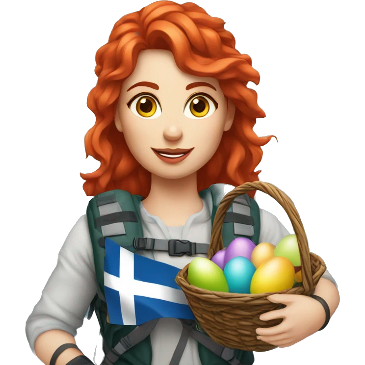 Greek Female winter mountaineer red hair white skin climbing with Greek Flag and Easter eggs basket emoji
