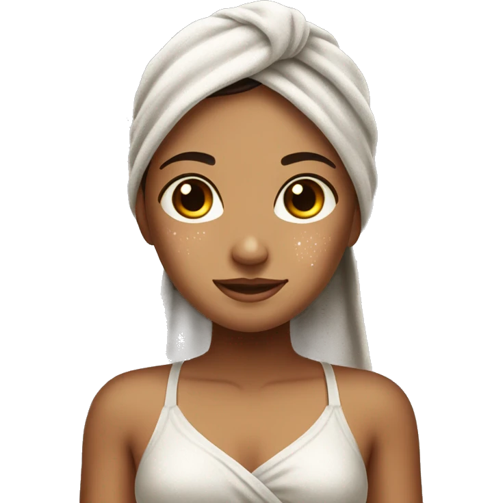 tan girl with dark brown hair with her towel on and her skin shimmering with dew drops on her skin  emoji