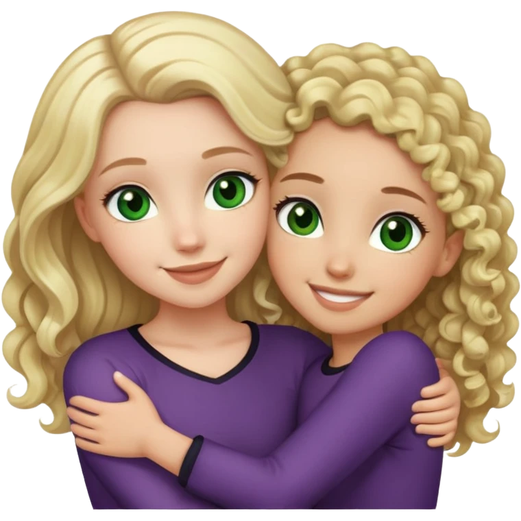 a white girl with blonde straight hair and green eyes is hugging a light skin girl with black, curly hair and brown eyes. the girl with curly hair is ab bit bitter than the white girl  emoji