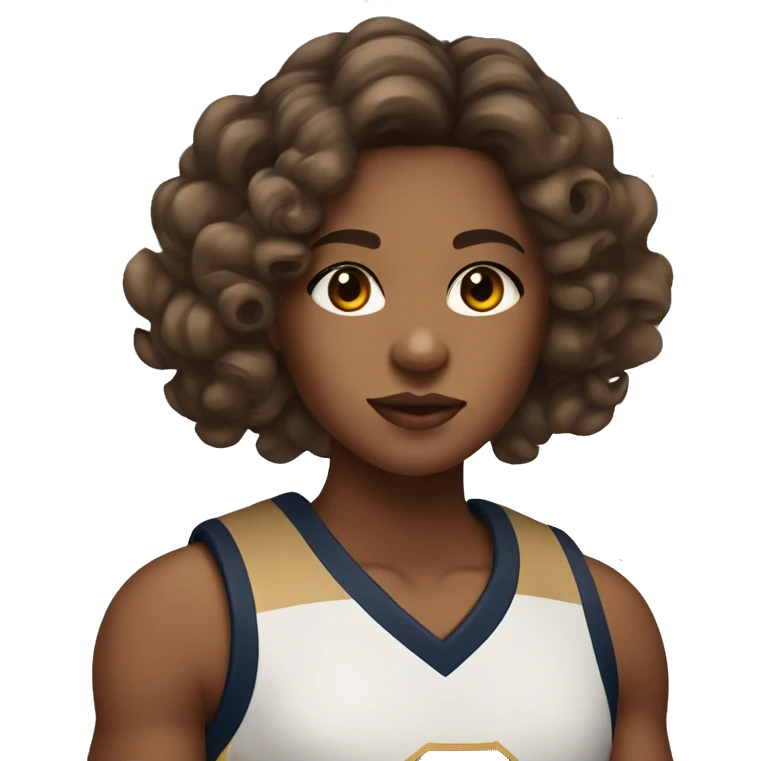 a dark brown headed tan girl with balayage with curled hair with a basketball and thick eyelashes  emoji