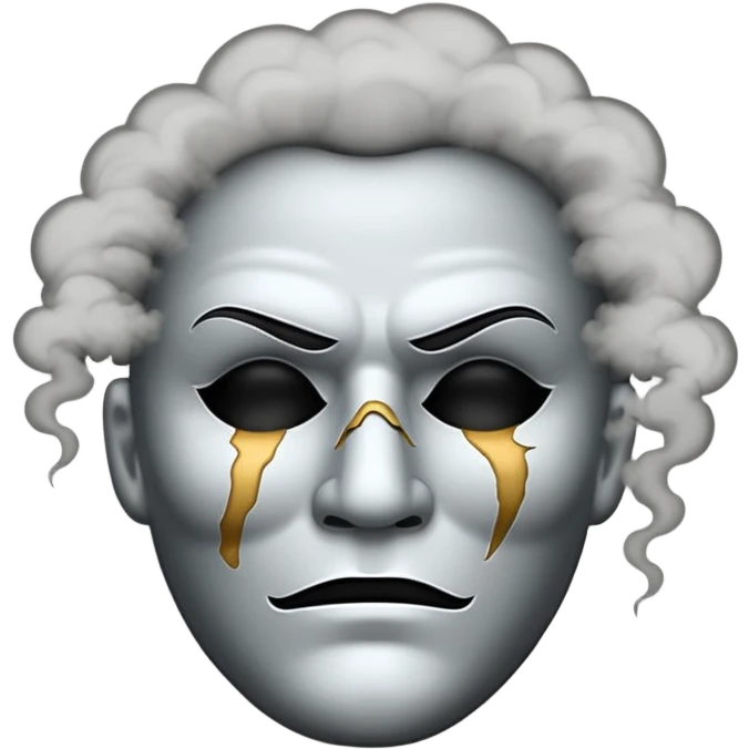 Minimalist emoji-style sticker of a cracked actor’s mask with empty eyes and faint smoke rising, grayscale with dusty shadows emoji