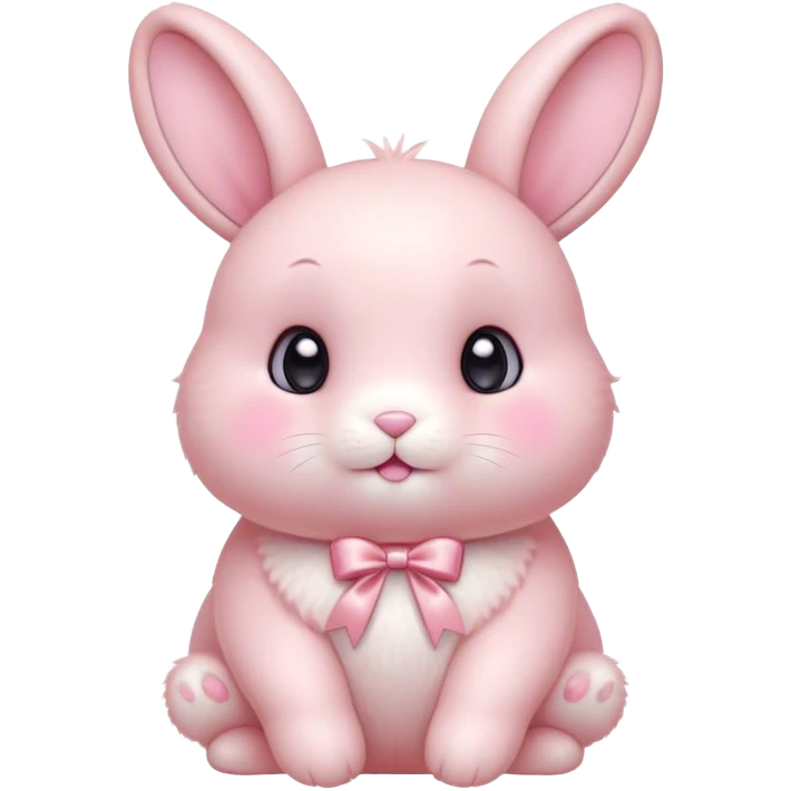 Cinematic adorable pastel pink bunny, chubby cheeks, tiny paws, sparkling round eyes, soft fur with a gentle glow, slightly tilted head, wearing a tiny bow, irresistibly cute and heartwarming. emoji