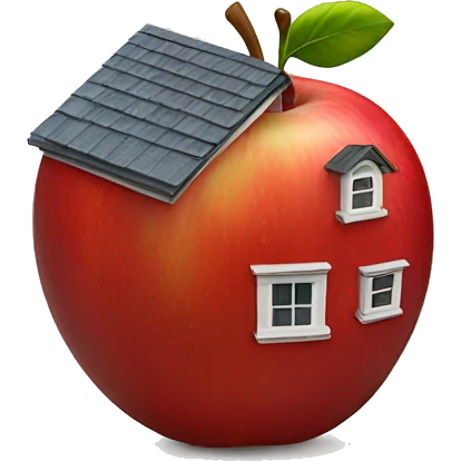 A tiny house on a huge red apple emoji