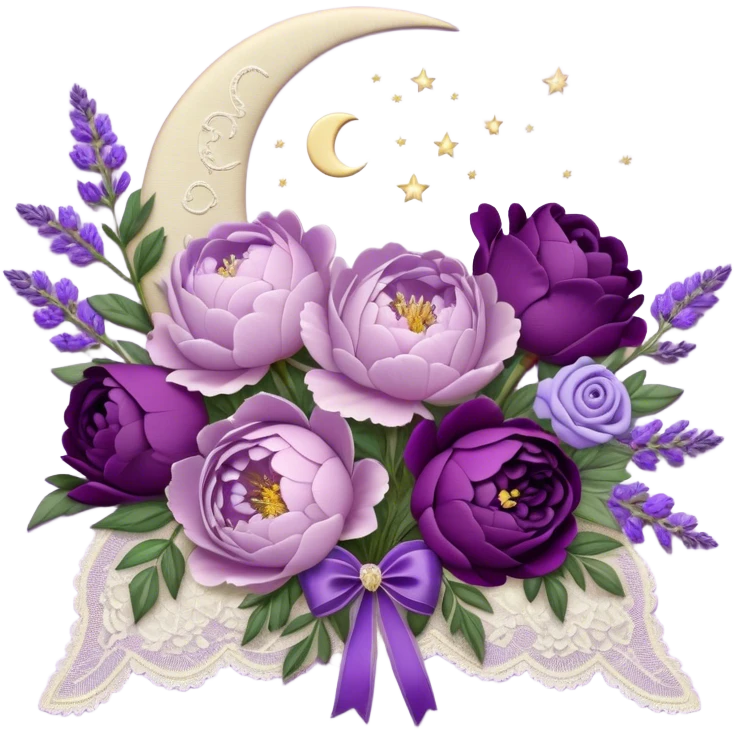A vintage bouquet of lavender-hued peonies, deep violet roses, and soft lilac pansies, tied together with a silk ribbon in shades of plum and amethyst, rests beneath the glow of a crescent moon. Scattered around are tiny embroidered hearts on a delicate lace handkerchief, while the scent of dried lavender lingers in the cool evening air. emoji