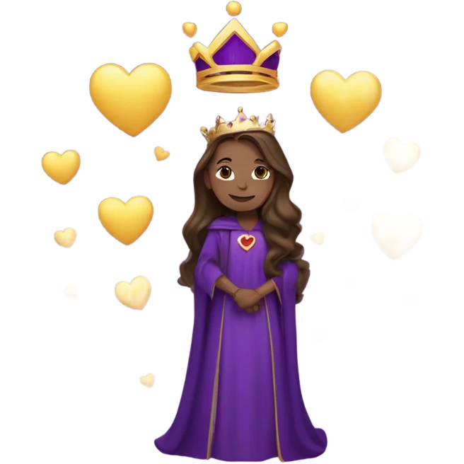 Caucasian long  brunette woman wearing formal royal purple robes and a crown. A burst of hearts are floating around her emoji