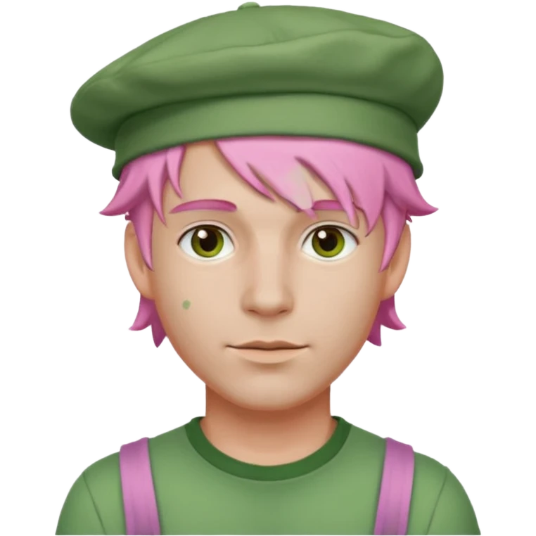 pink haired man with full full face green clay mask and a hat emoji