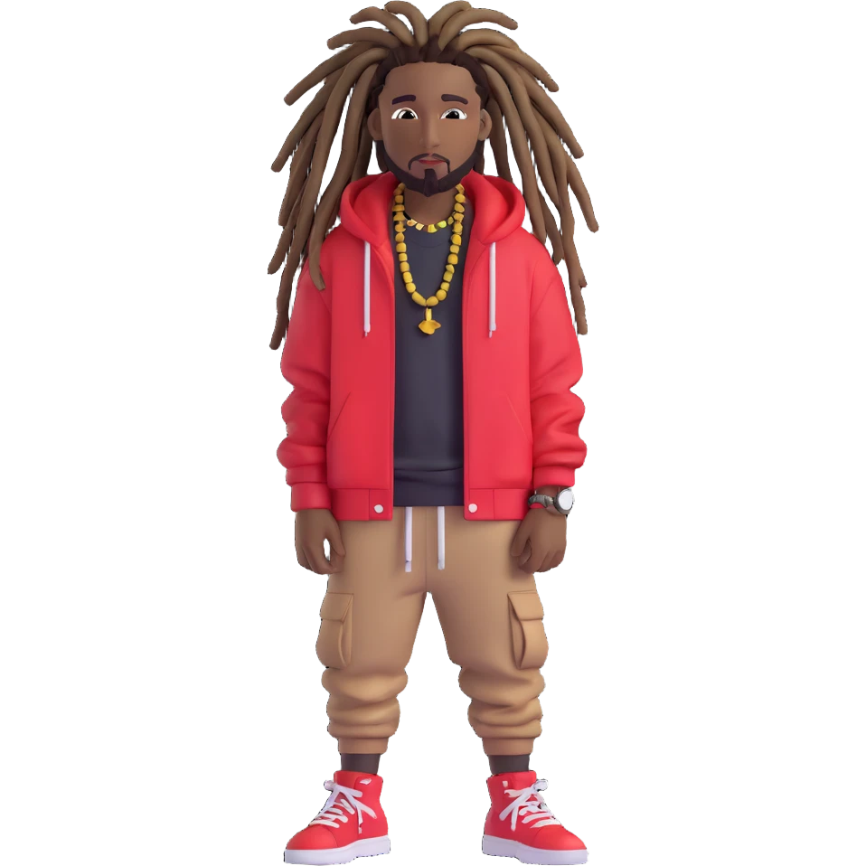 dark-skinned rapper with dreadlocks, stylish streetwear, confident expression, urban vibe emoji